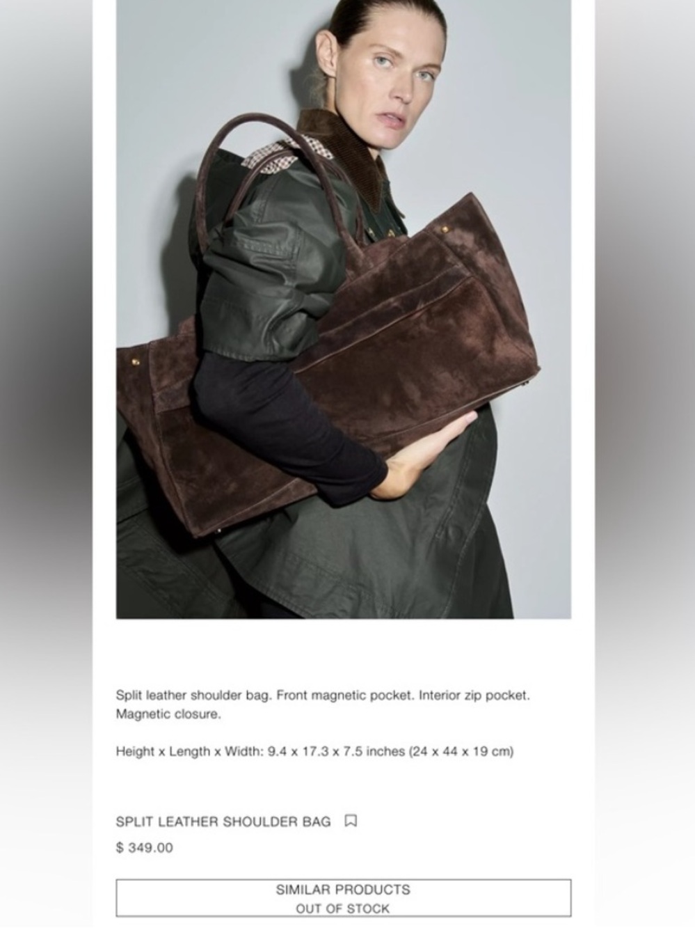 Zara Brown Suede Split Leather Shoulder Bag